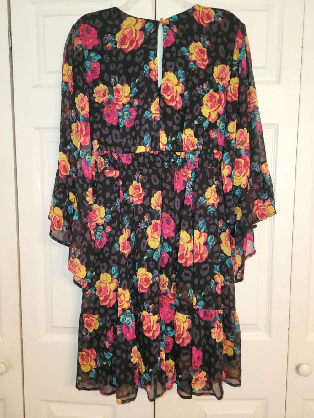 Torrid x Betsey Johnson Black Floral Leopard Crinkled Chiffon Mini Dress 0/L/12 - Picture 7 of 9